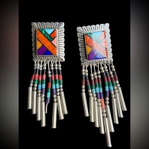 Sterling Silver Q.T. Inlay Fringe Earrings Southwest Vintage